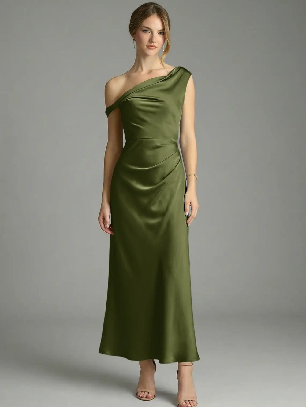 Azazie One-Shoulder Olive Satin Evening Gown - Picture 6 of 7